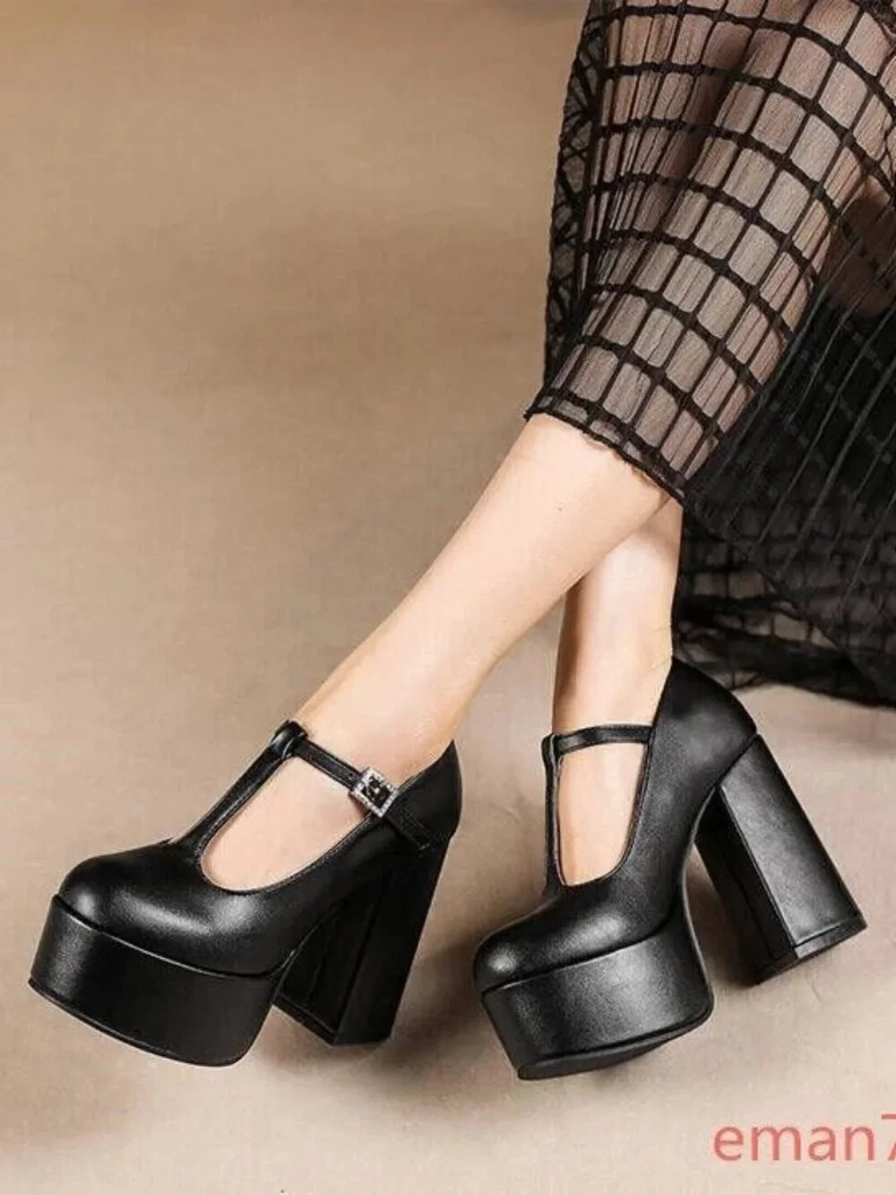 Women's SHINY T-strap Platform Black Heels Mary Jane Shoes SZ10 SEXY! NEW!